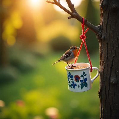 kopje met vogevoer en roodborstje